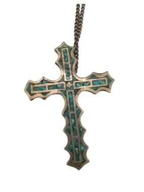 Vintage Ornate Cross Pendant Necklace With Crushed Turquoise Inlaid Design